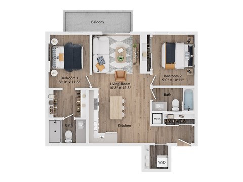 A floor plan of a two bedroom apartment with a living room and kitchen.